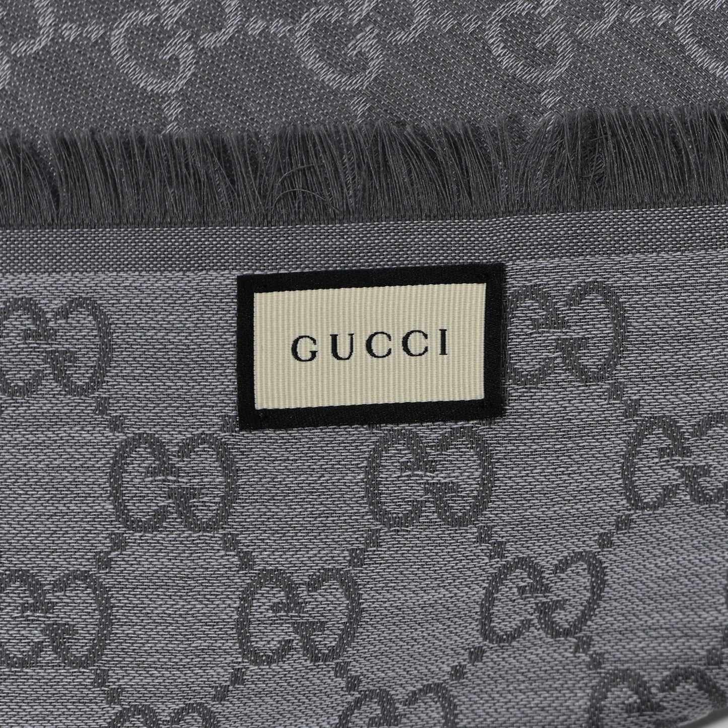 Wool Silk Monogram GGWeb Fringe Shawl Pearl Medium Grey