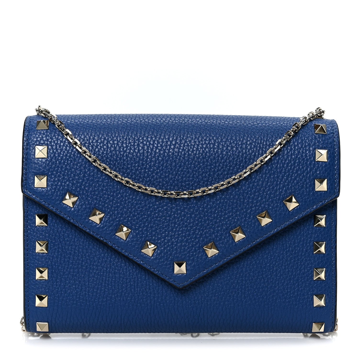 Valentino Garavani Pebbled Calfskin Rockstud Envelope Wallet On Chain Bag Blu Delft 1 of 9