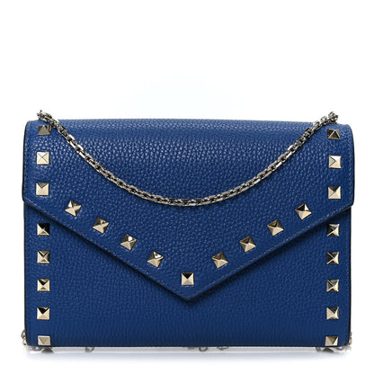 Valentino Garavani Pebbled Calfskin Rockstud Envelope Wallet On Chain Bag Blu Delft 1 of 9