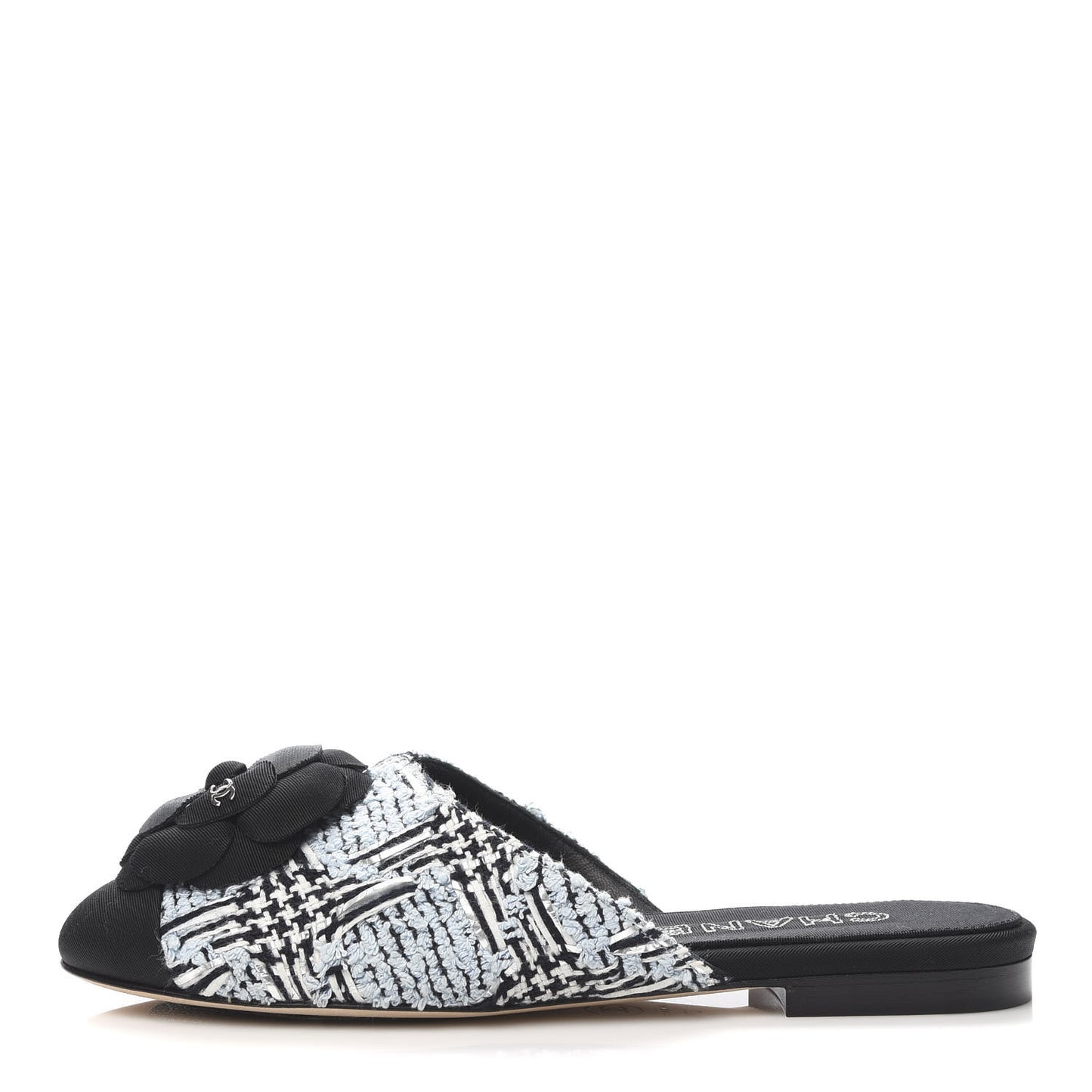Tweed Grosgrain Camellia CC Flats 37.5 Light Blue Black