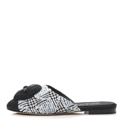 Chanel Tweed Grosgrain Camellia CC Flats 37.5 Light Blue Black 1 of 8