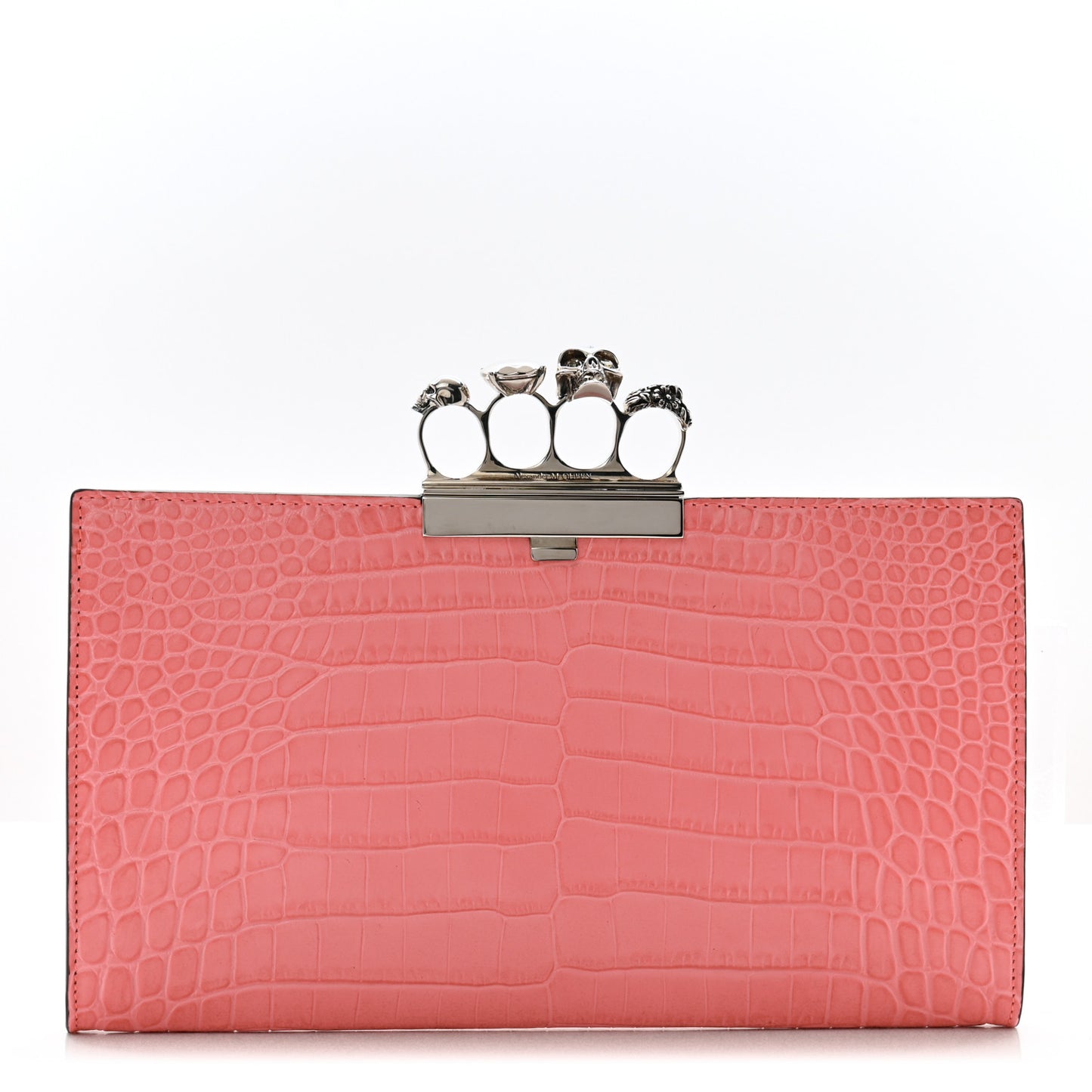 Calfskin Crocodile Embossed Knuckle Flat Clutch Coral