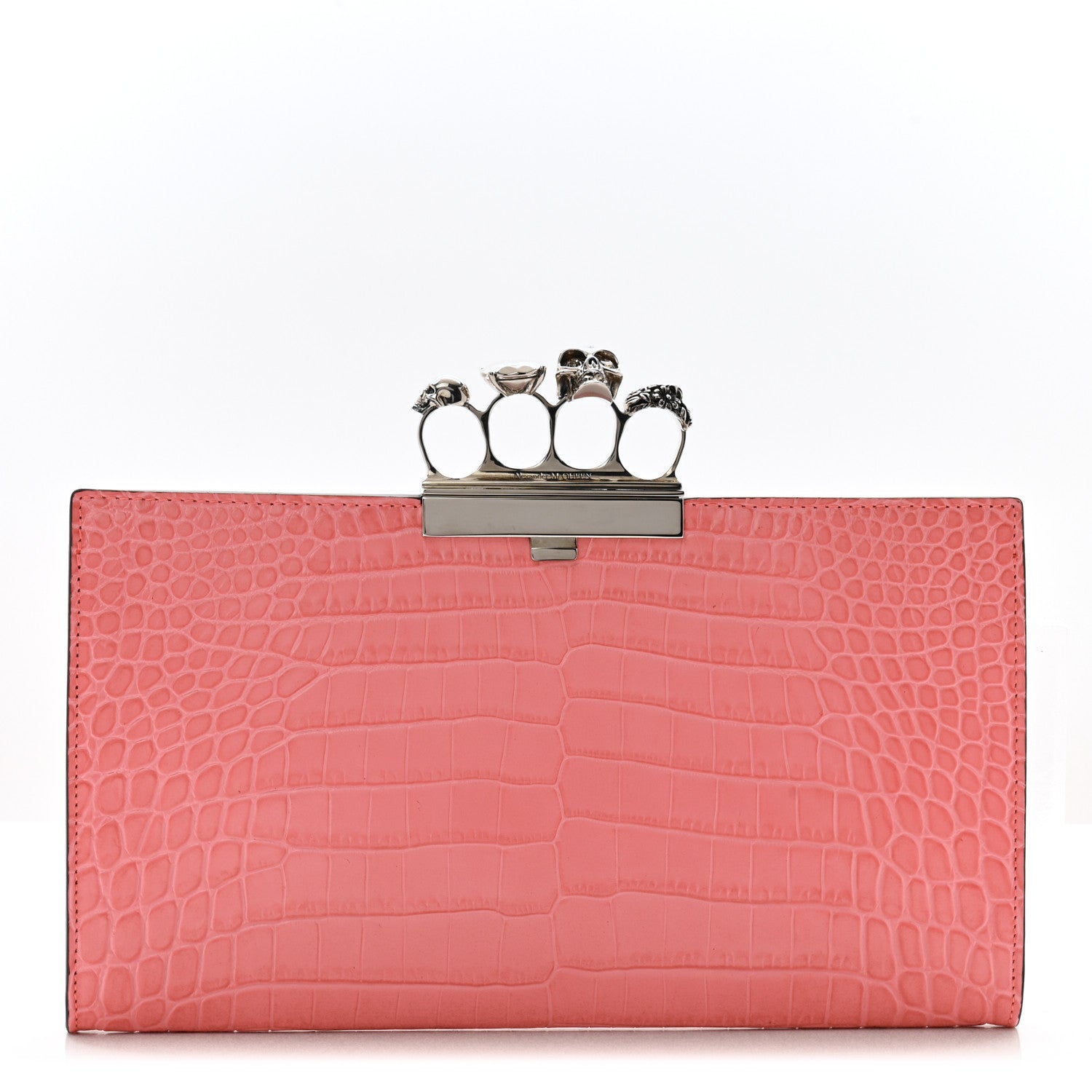 Alexander McQueen Calfskin Crocodile Embossed Knuckle Flat Clutch Coral 1 of 9