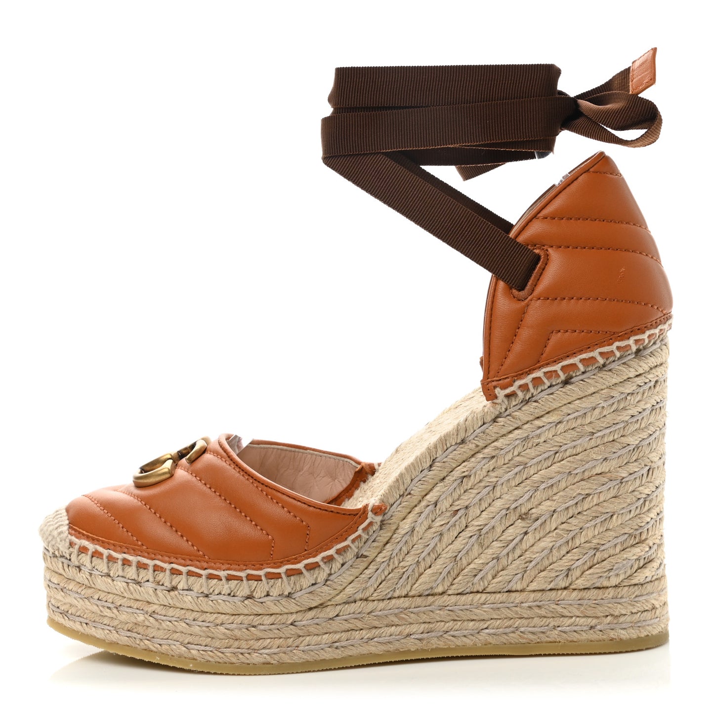 Nappa Matelasse GG Marmont Ankle Wrap Platform 35/120mm Espadrille Wedges 40 Cognac