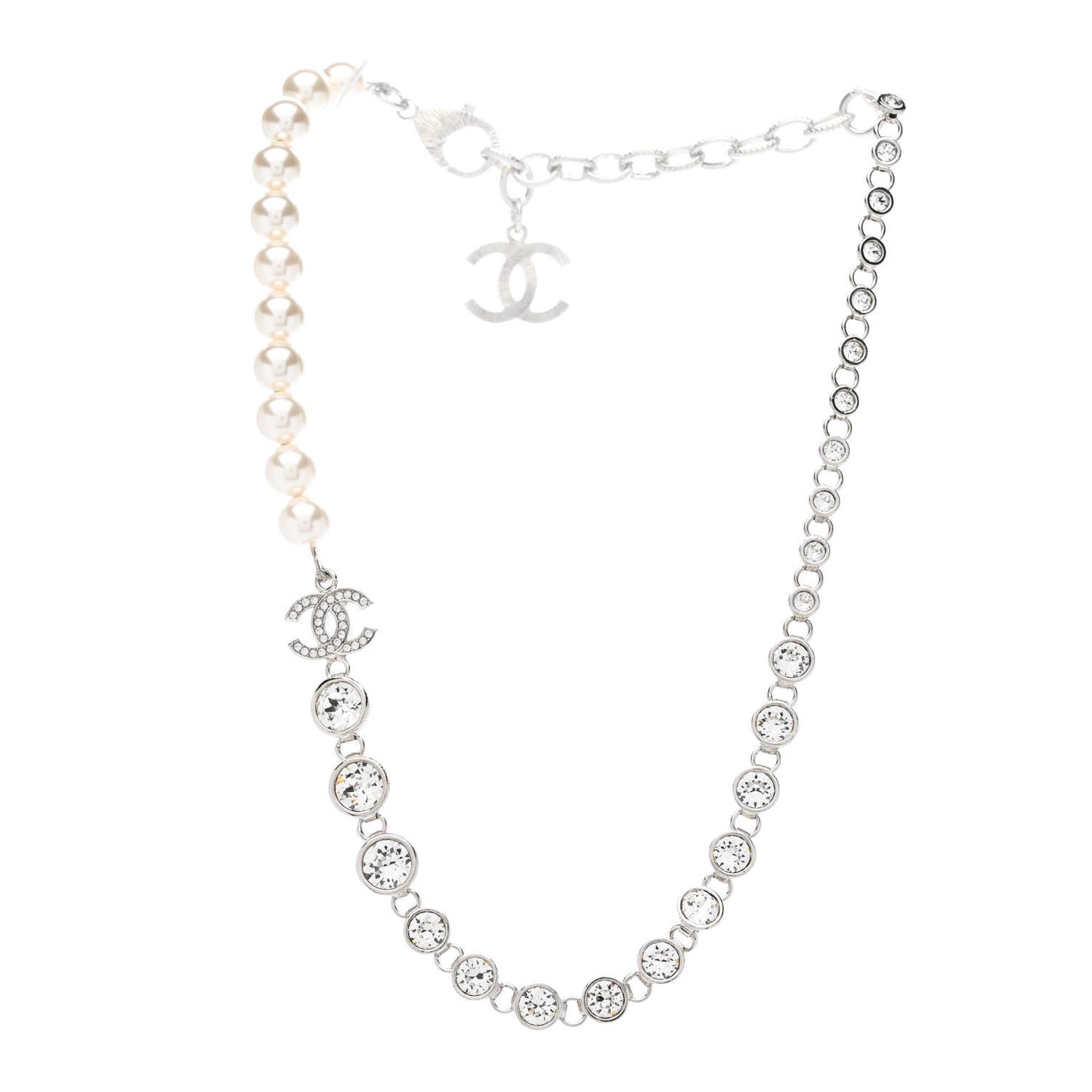 Pearl Crystal CC Choker Necklace Silver Pearly White