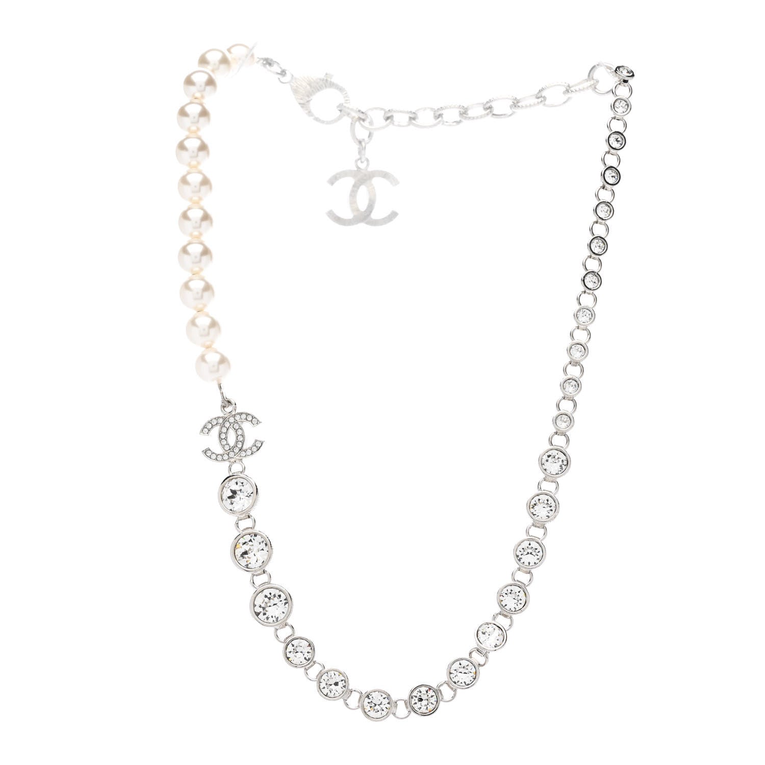 Chanel Pearl Crystal CC Choker Necklace Silver Pearly White 3 of 7