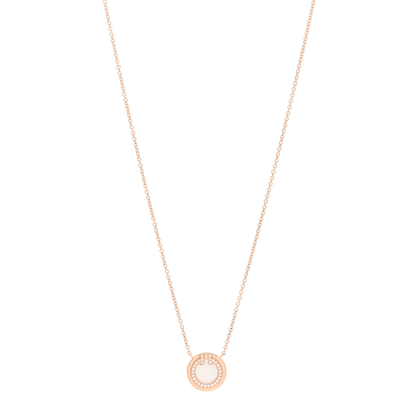 18K Rose Gold Diamond Mother of Pearl Small T Circle Pendant Necklace