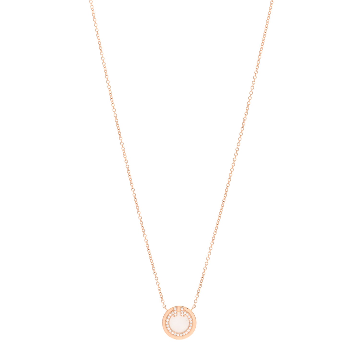 Tiffany 18K Rose Gold Diamond Mother of Pearl Small T Circle Pendant Necklace 1 of 5