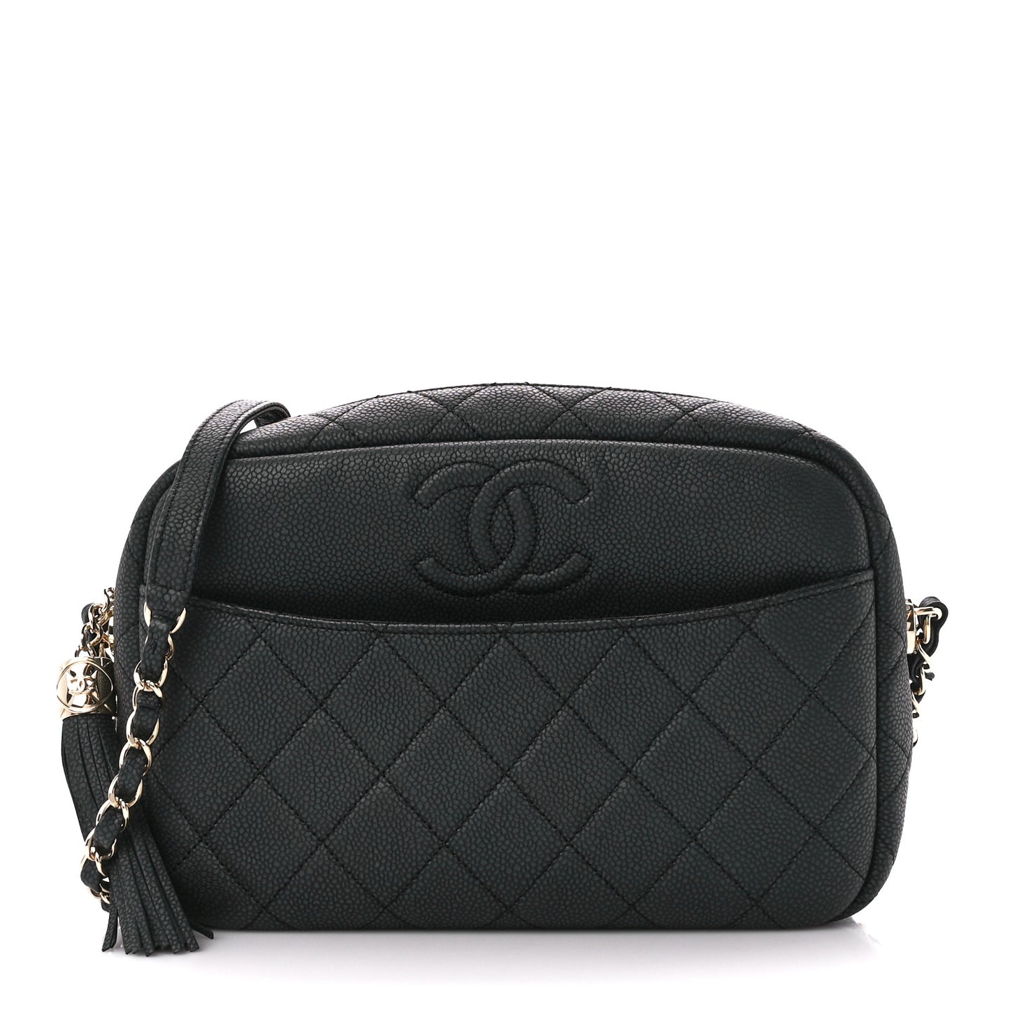 Iridescent Caviar Quilted Small Coco Tassel Camera Case Black