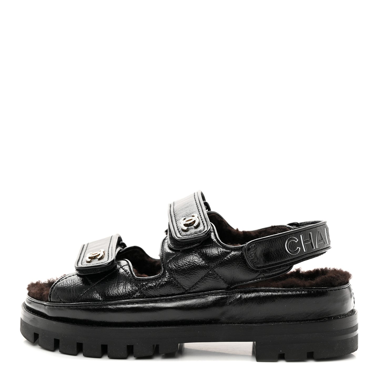 Laminated Lambskin Shearling Crystal CC Velcro Dad Platform Sandals 36 Black