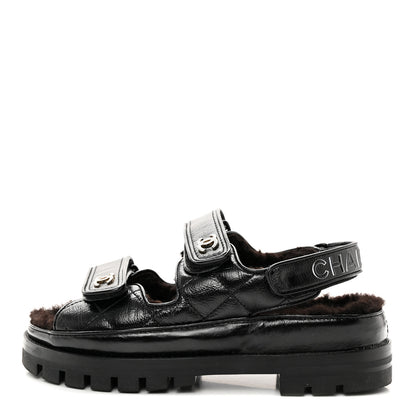Chanel Laminated Lambskin Shearling Crystal CC Velcro Dad Platform Sandals 36 Black 1 of 12
