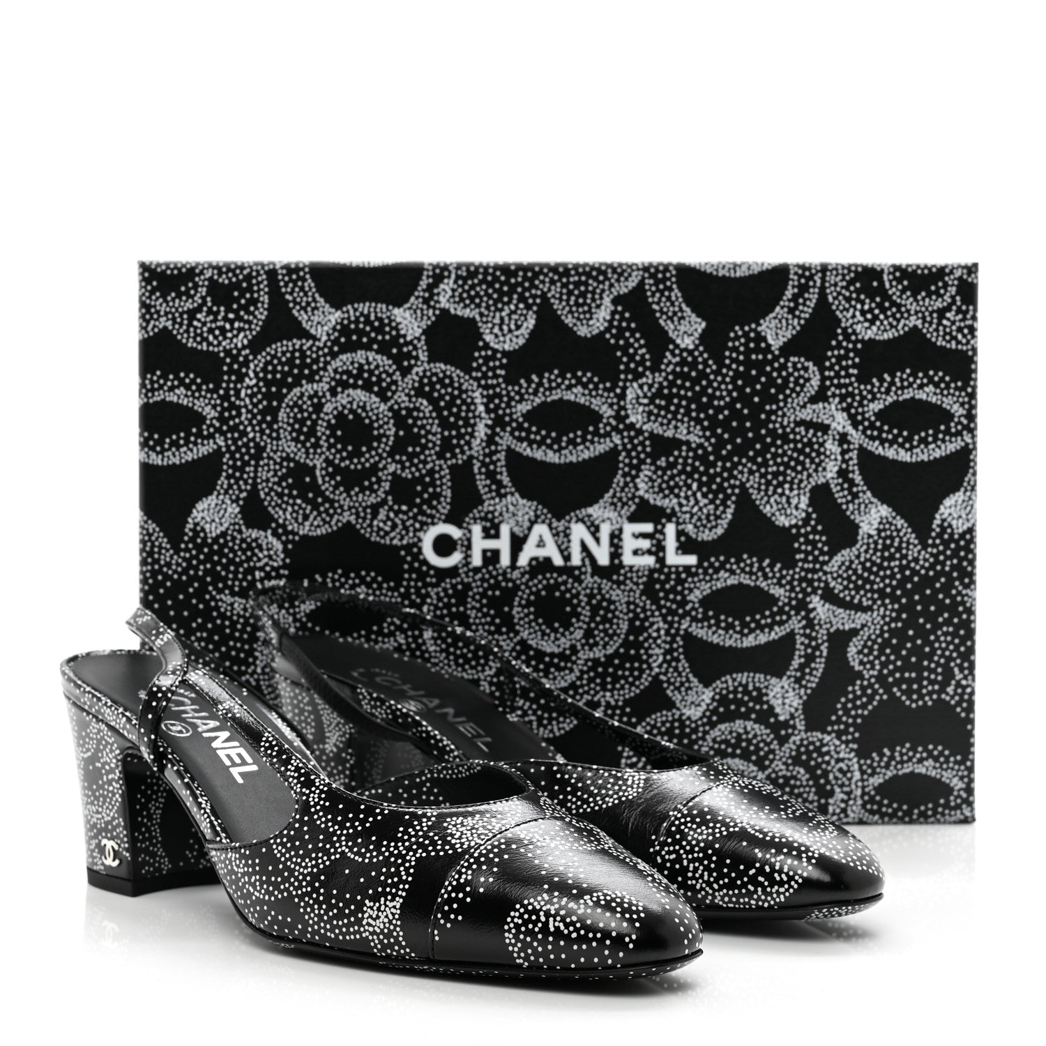 Chanel Calfskin Camellia Printed Cap Toe CC Slingback Pumps 39.5 Black White 9 of 9