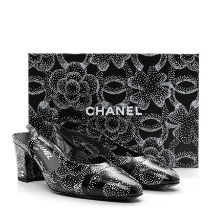 Chanel Calfskin Camellia Printed Cap Toe CC Slingback Pumps 39.5 Black White 9 of 9