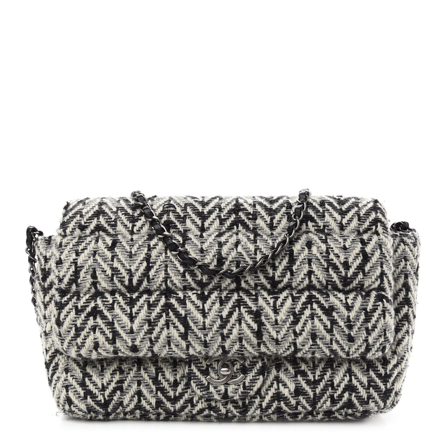 Tweed Puffy Horizontal Quilted Flap Black White