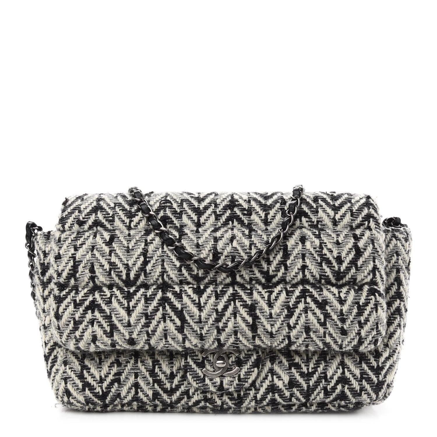 Chanel Tweed Puffy Horizontal Quilted Flap Black White 1 of 9