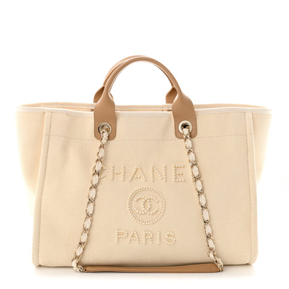 Chanel Canvas Pearl Medium Deauville Tote Ecru Beige 1 of 10