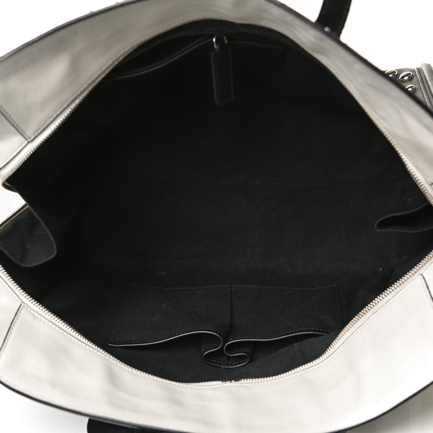 Calfskin Large Studded Padlock Zip Around Tote Black White