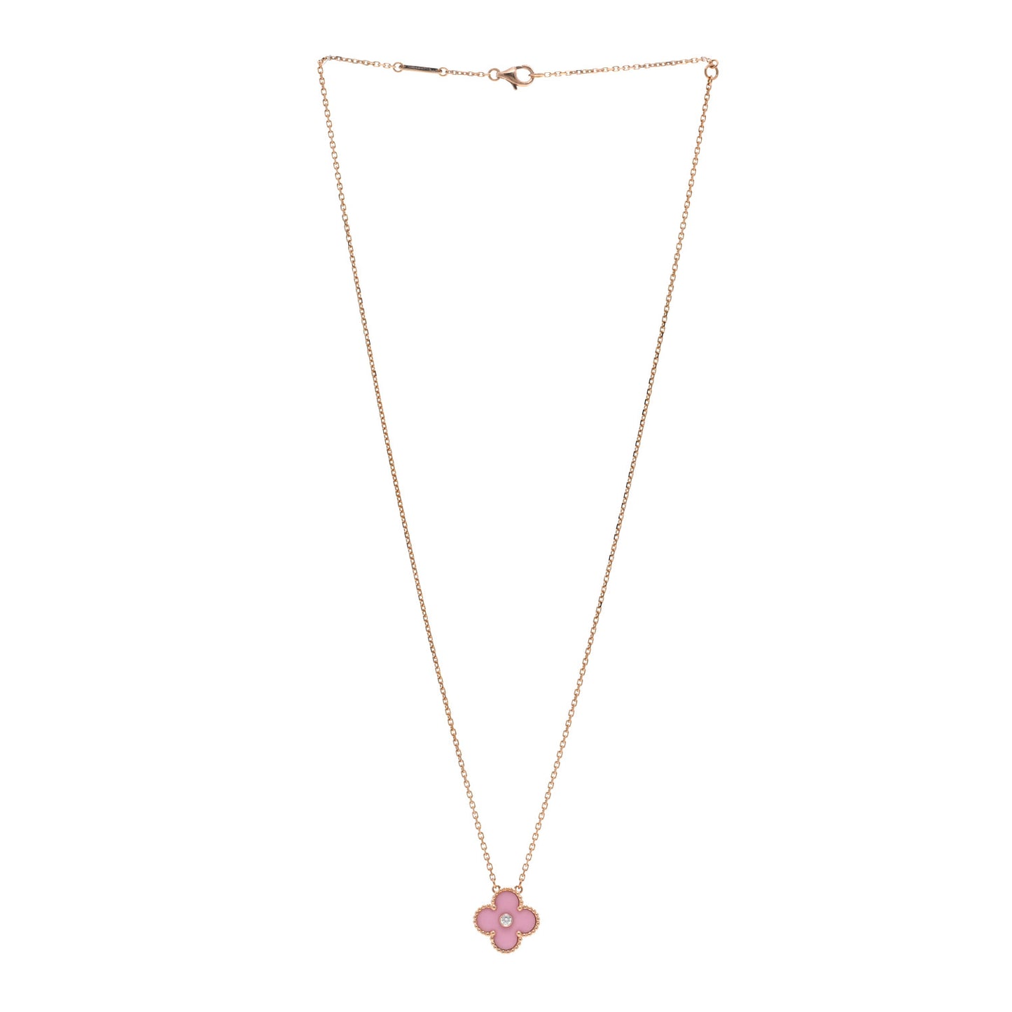 VAN CLEEF & ARPELS 18K Rose Gold Diamond Pink Porcelain Vintage Alhambra Pendant Necklace