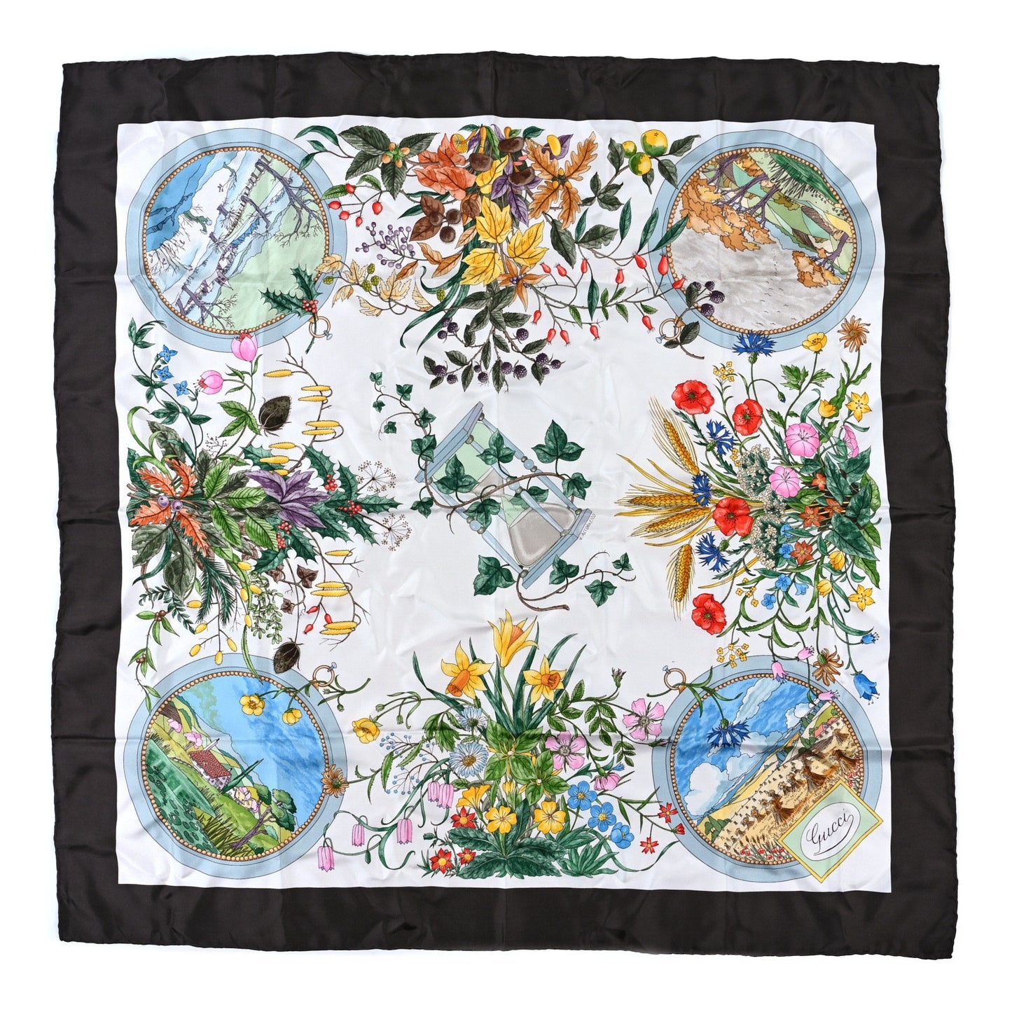 Wool Silk Floral Web Square Scarf Ivory Brown