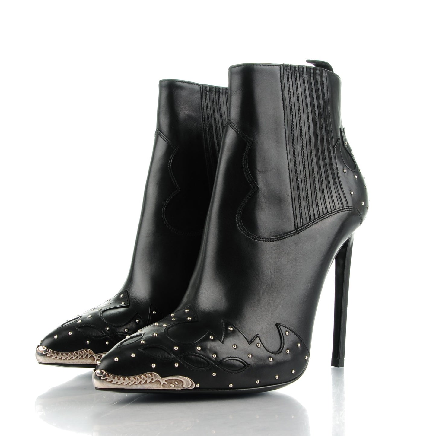 Matte Calfskin Studded Western Ankle Boots 38 Black