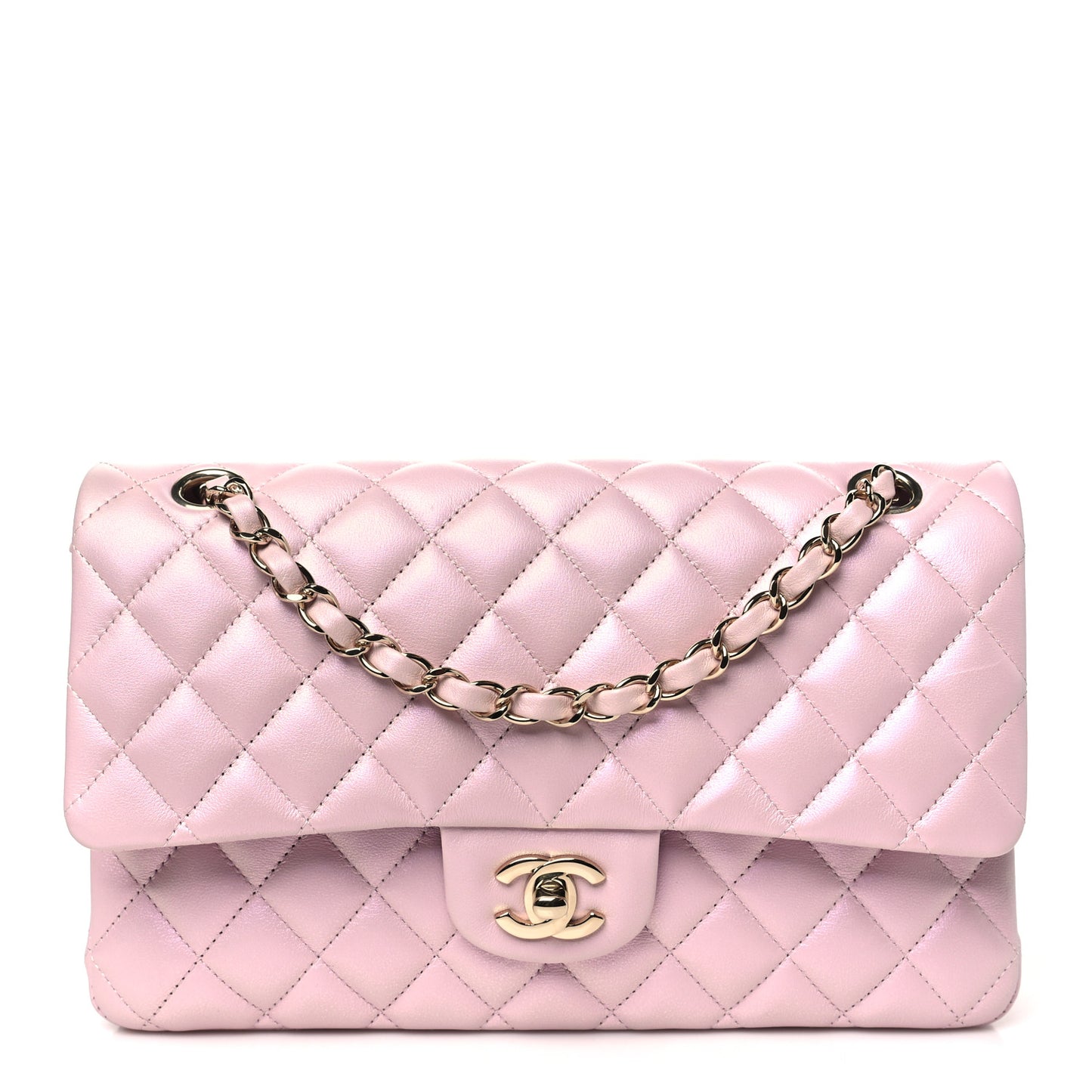 Iridescent Calfskin Quilted Medium Double Flap Light Pink