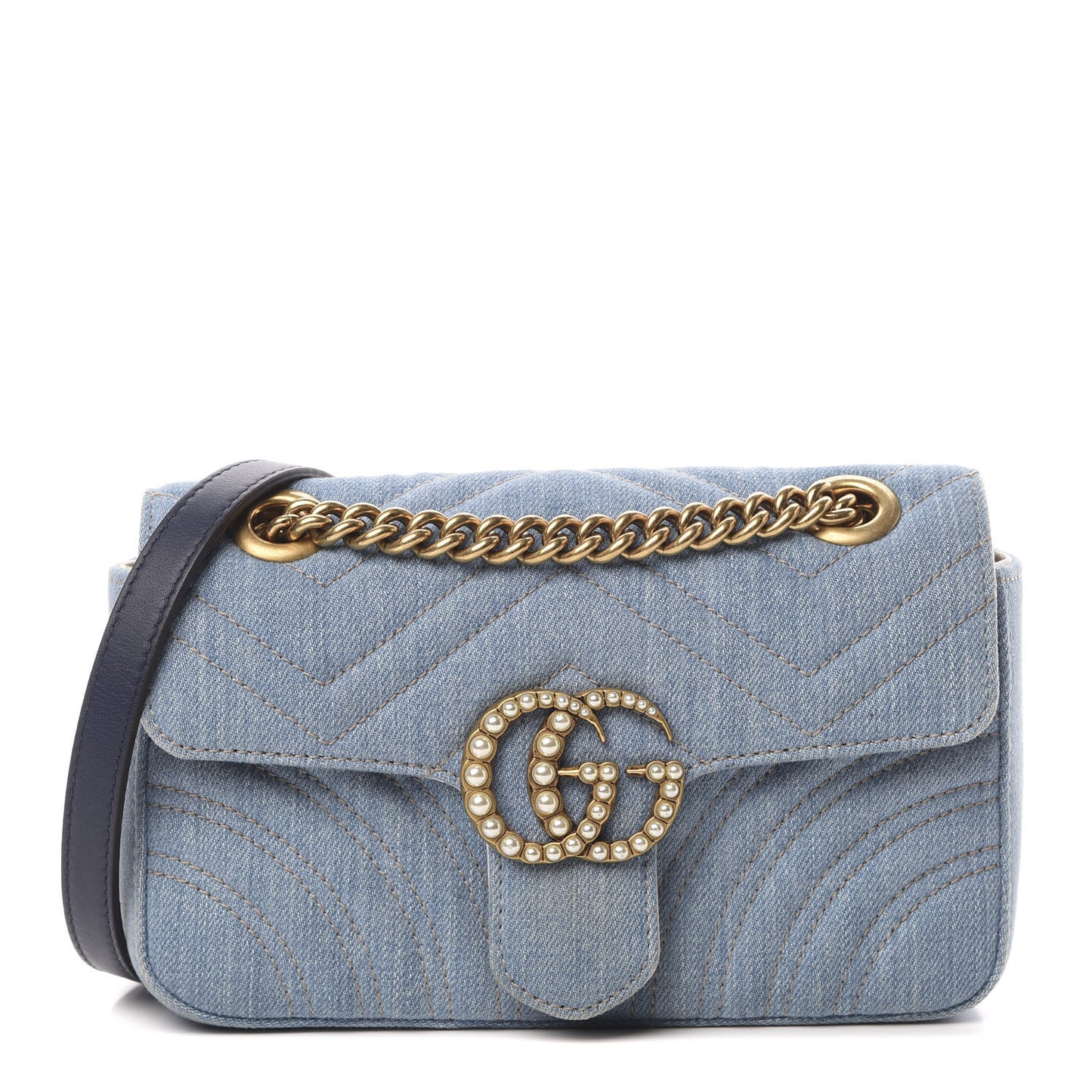 Denim Matelasse Mini Pearly GG Marmont Shoulder Bag Blue
