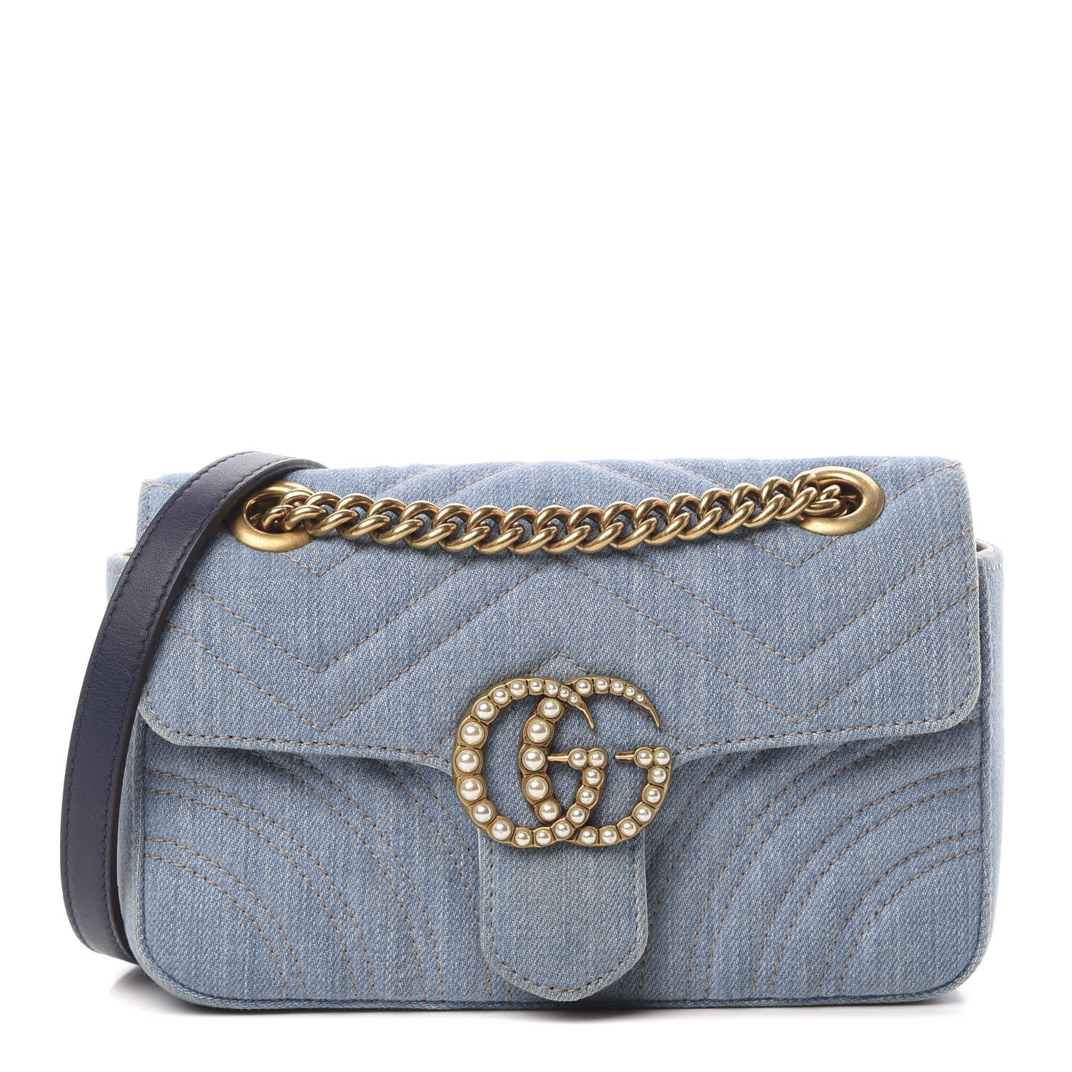 Gucci Denim Matelasse Mini Pearly GG Marmont Shoulder Bag Blue 1 of 10