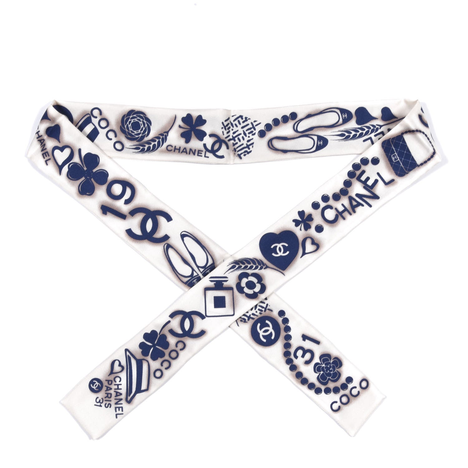 Chanel Silk CC Slim Bandeau Scarf White Blue 1 of 4