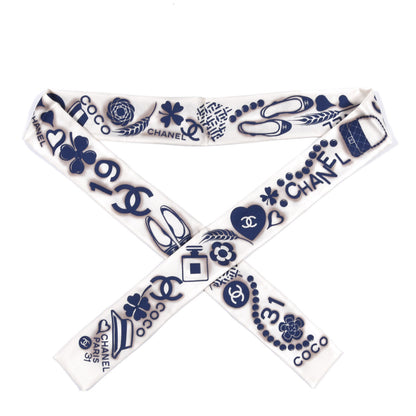 Chanel Silk CC Slim Bandeau Scarf White Blue 1 of 4