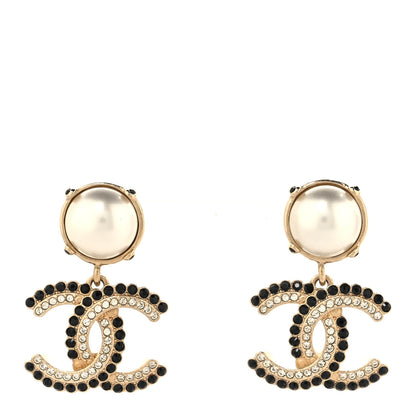 Chanel Pearl Crystal CC Drop Earrings Black Gold 1 of 5
