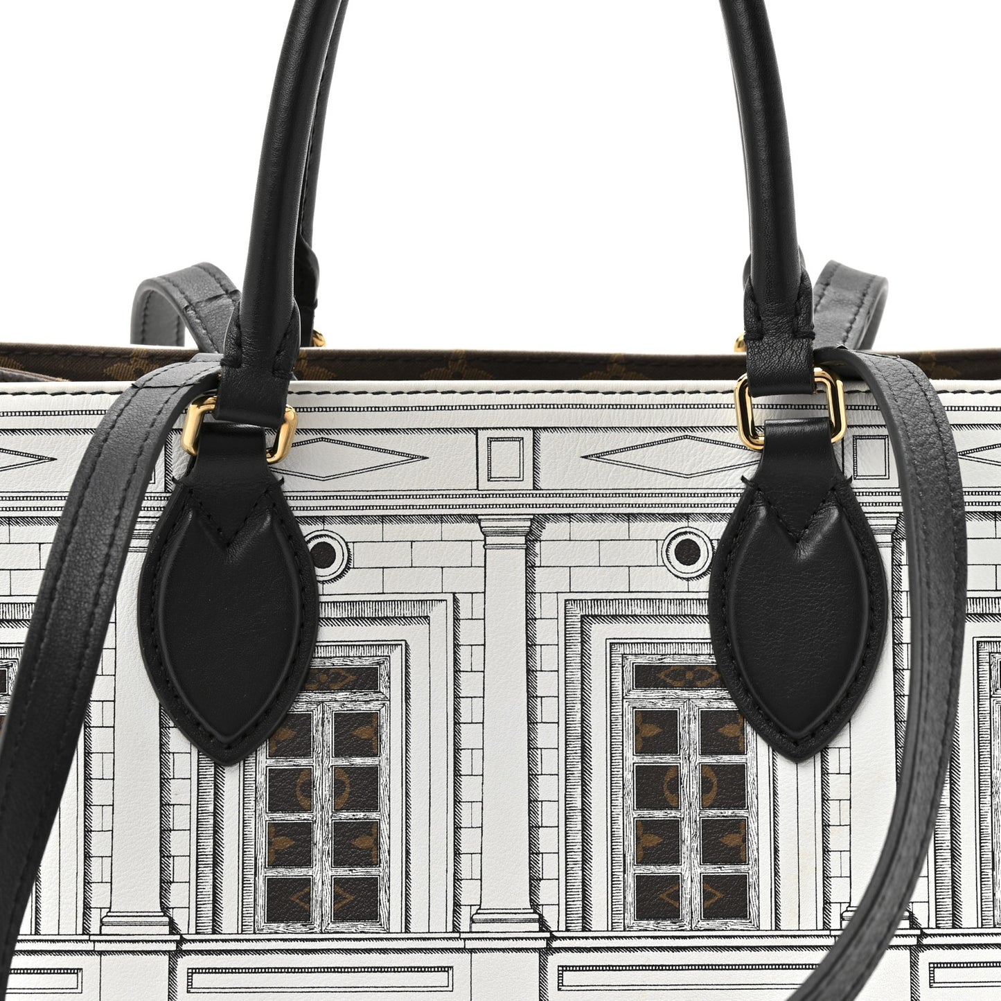 X FORNASETTI Calfskin Architettura Onthego MM Black White