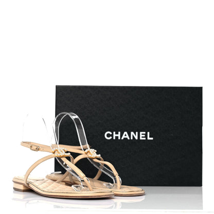 Chanel Lambskin Quilted Pearl CC Thong Sandals 38 Beige 8 of 8