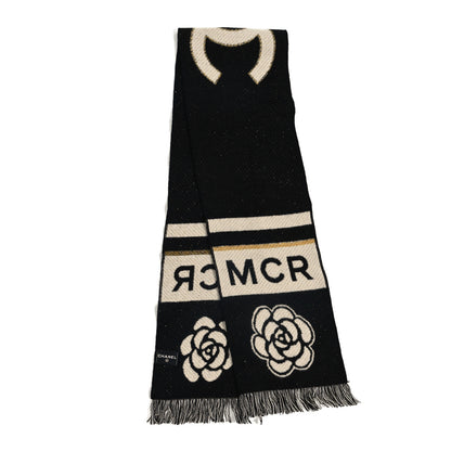 Chanel Cashmere Wool Metallic Fiber Manchester Camellia Fringe Scarf Black White 2 of 3