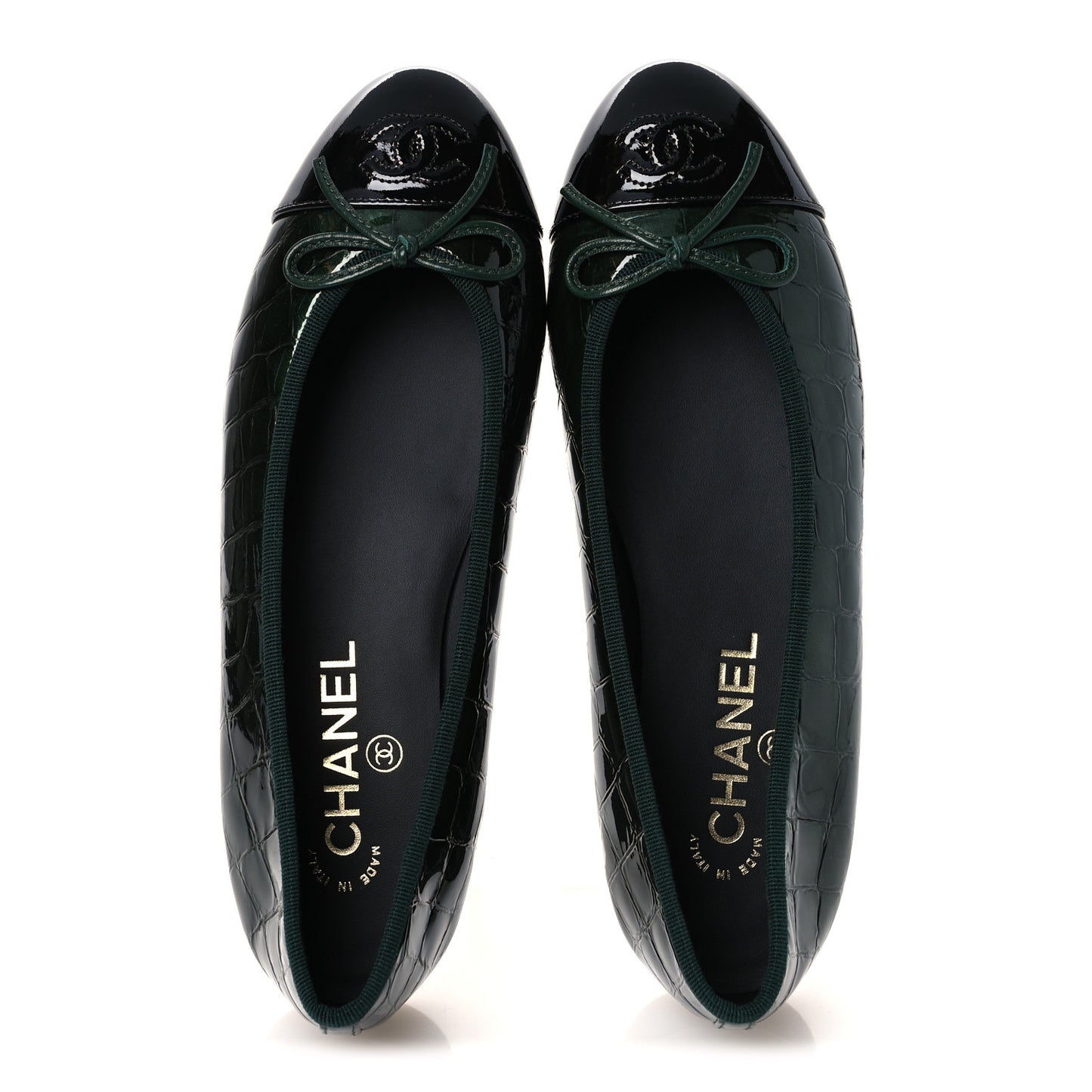 Crocodile Embossed Patent Calfskin Cap Toe CC Ballerina Flats 37.5 Dark Green Black