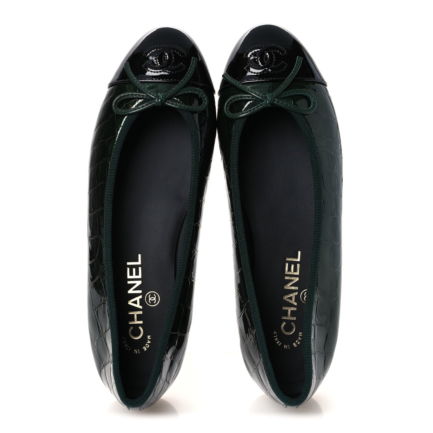 Chanel Crocodile Embossed Patent Calfskin Cap Toe CC Ballerina Flats 37.5 Dark Green Black 2 of 11