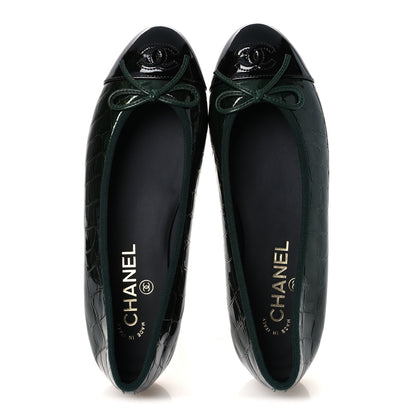 Chanel Crocodile Embossed Patent Calfskin Cap Toe CC Ballerina Flats 37.5 Dark Green Black 2 of 11
