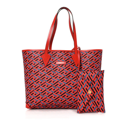 Versace Coated Canvas Calfskin La Greca Signature Shopper Tote Bag Blue Red 3 of 9