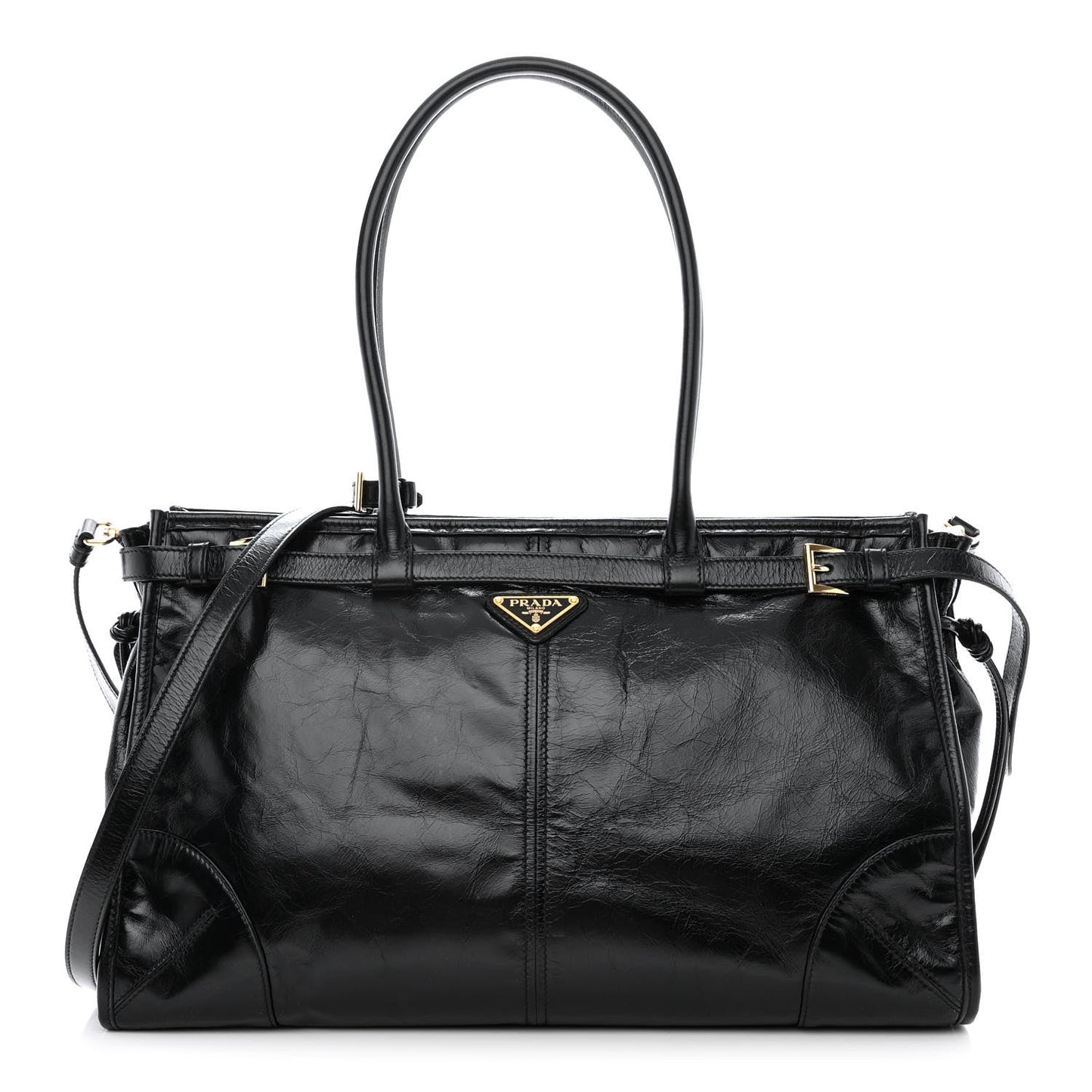 Glossy Calfskin Triangle Large Bonnie Shoulder Bag Black