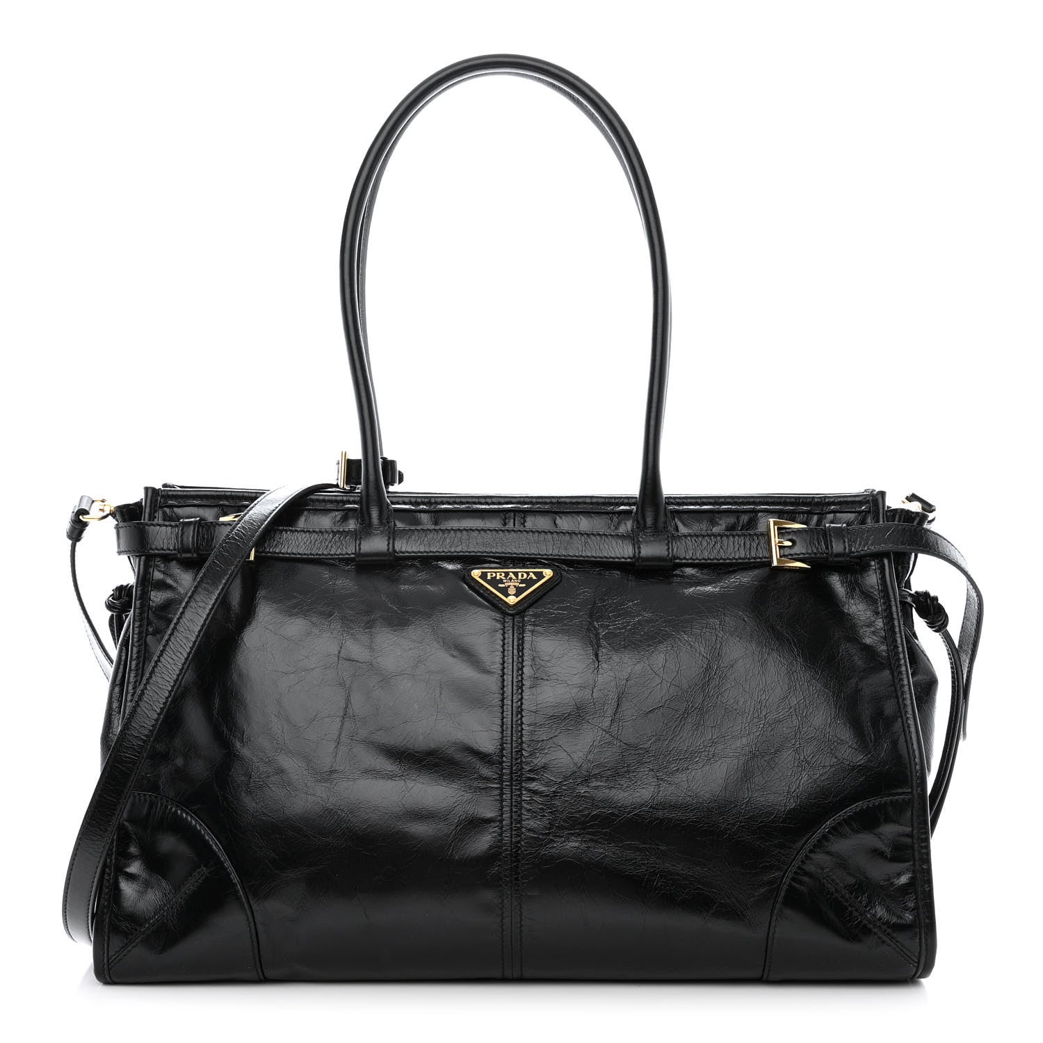 Prada Glossy Calfskin Triangle Large Bonnie Shoulder Bag Black 1 of 11