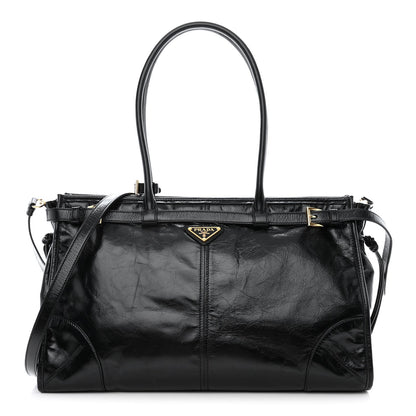 Prada Glossy Calfskin Triangle Large Bonnie Shoulder Bag Black 1 of 11