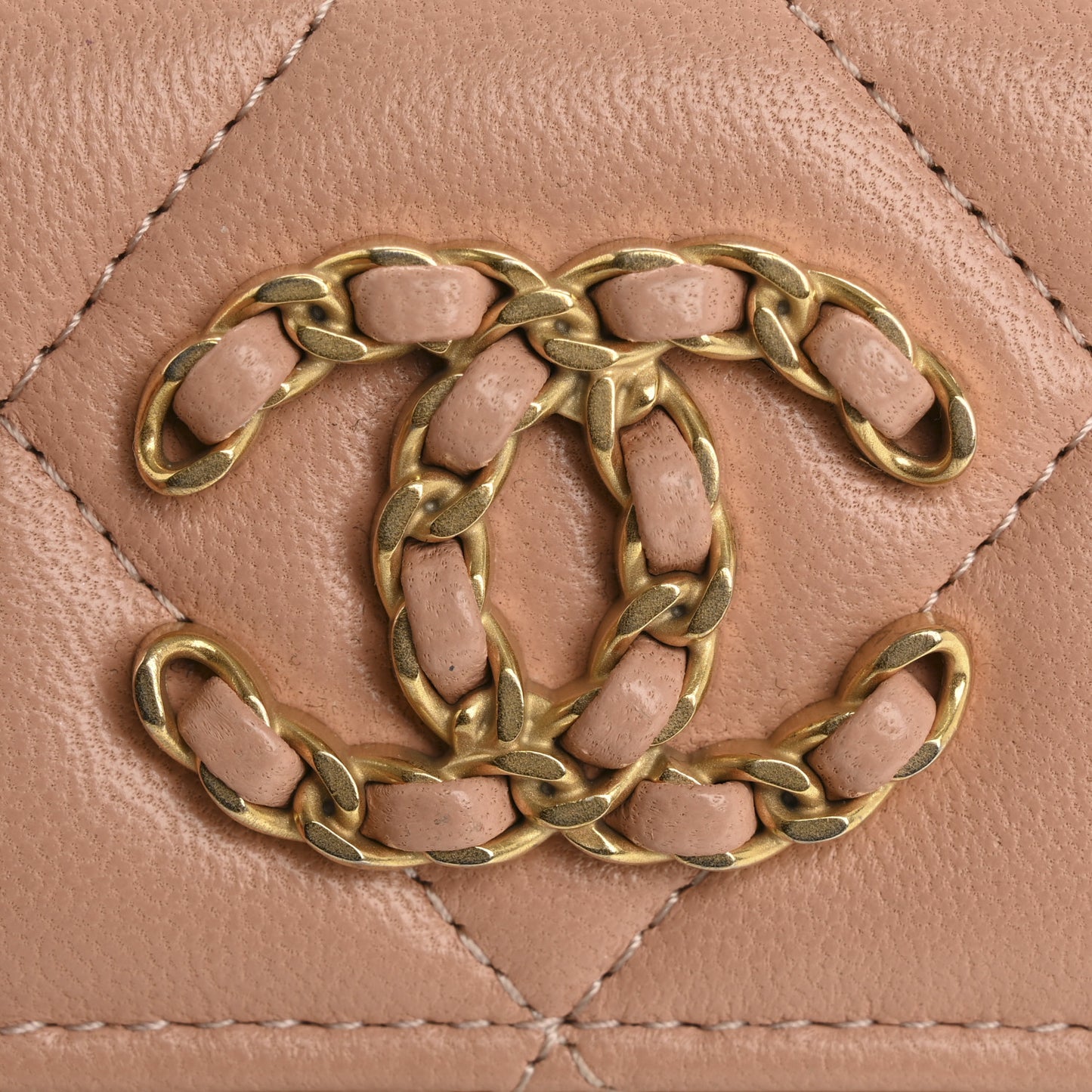 Lambskin Quilted Chanel 19 Flap Card Holder Beige