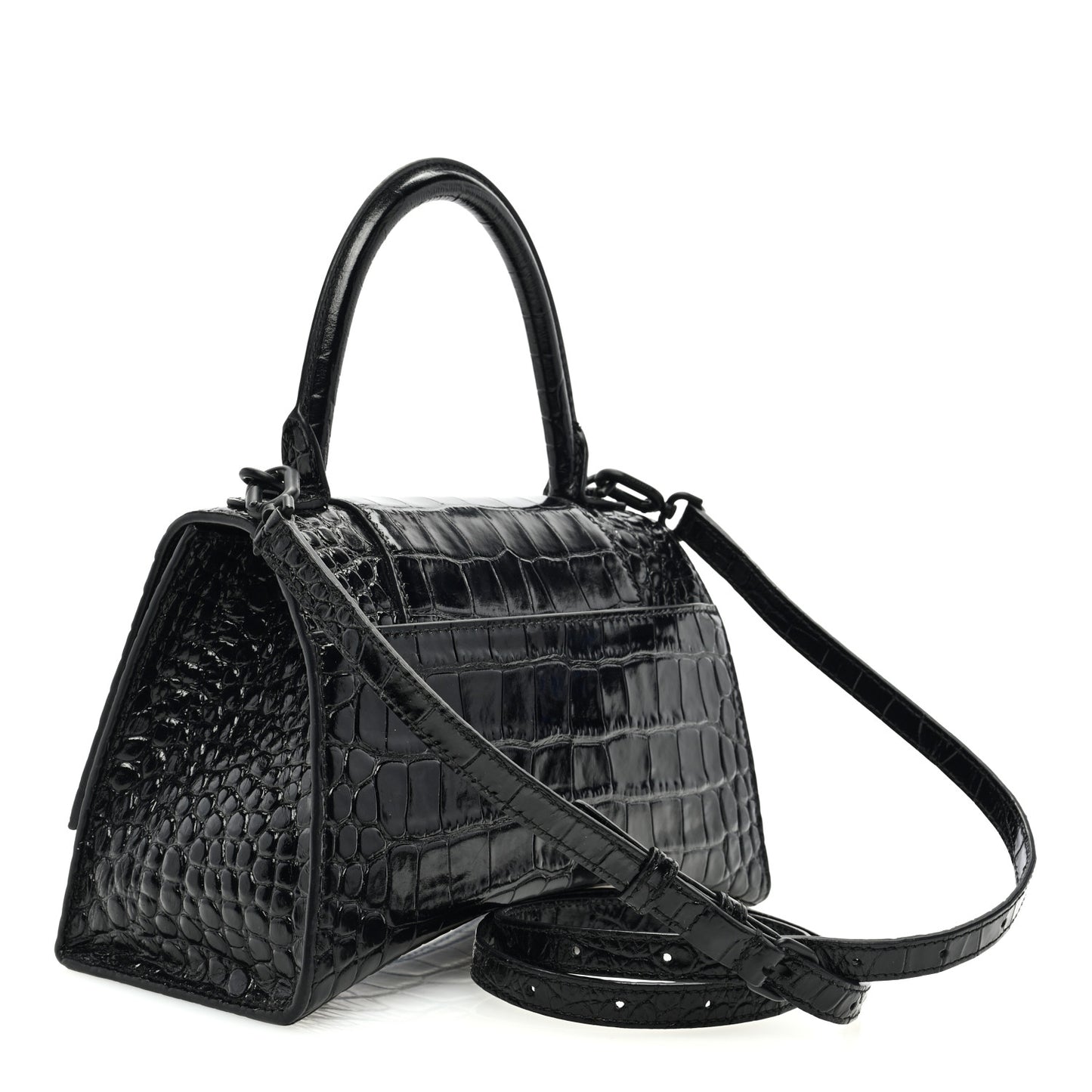 Shiny Calfskin Monochrome Crocodile Embossed Small Hourglass Top Handle Bag Black