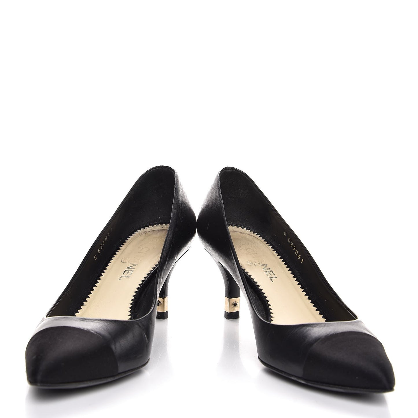 Lambskin Satin CC Cap Toe Kitten Heel Pumps 34.5 Black