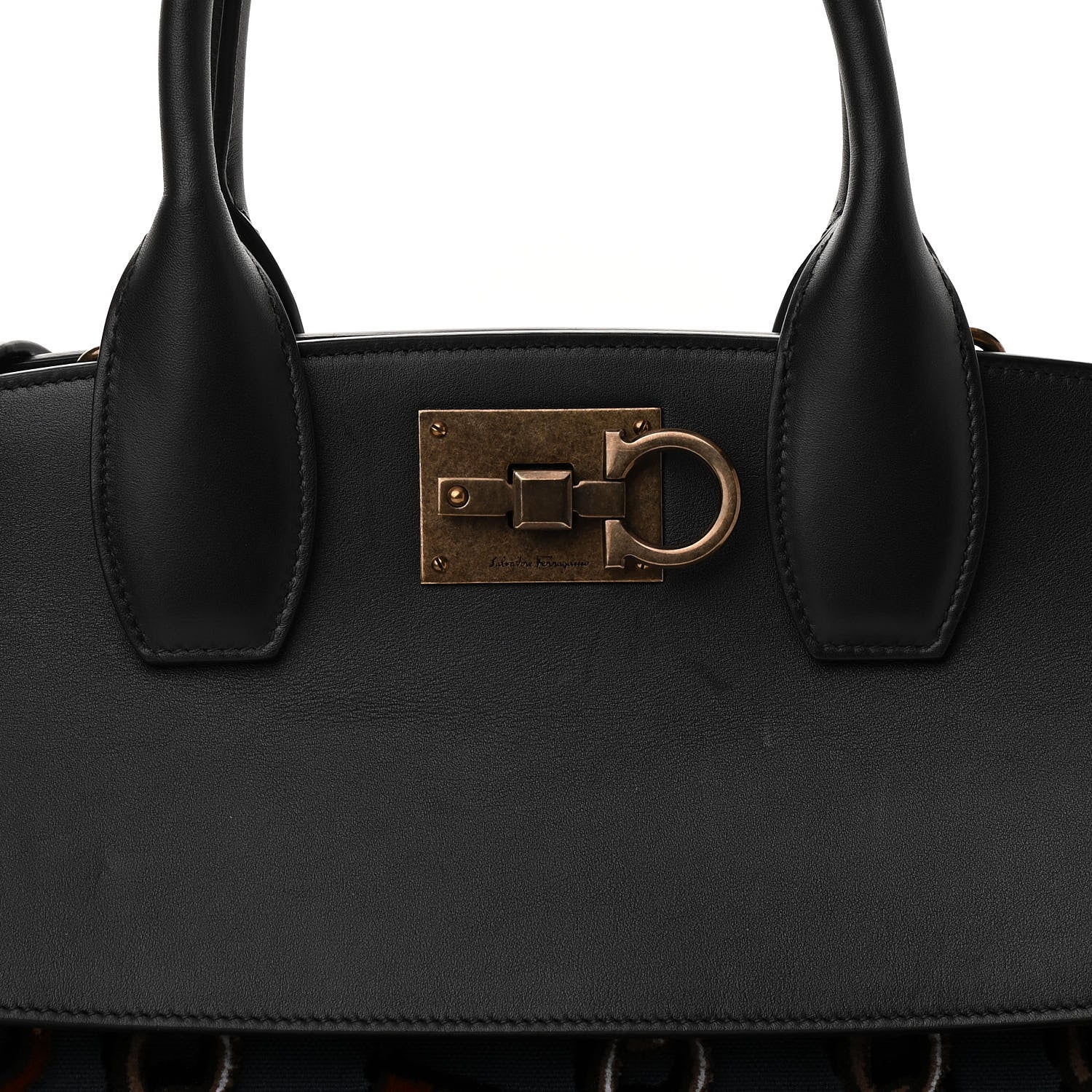 Salvatore Ferragamo Embroidered Canvas Calfskin The Studio Bag Navy Black 7 of 9