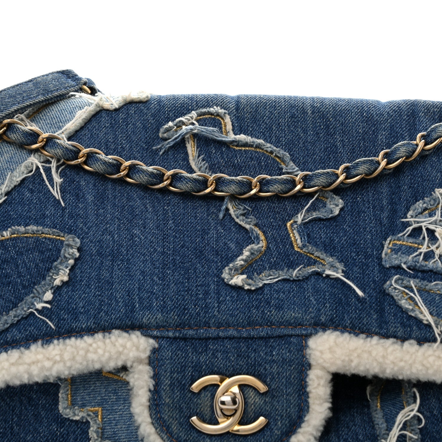 Chanel Denim Shearling Hieroglyph Flap Blue 4 of 13