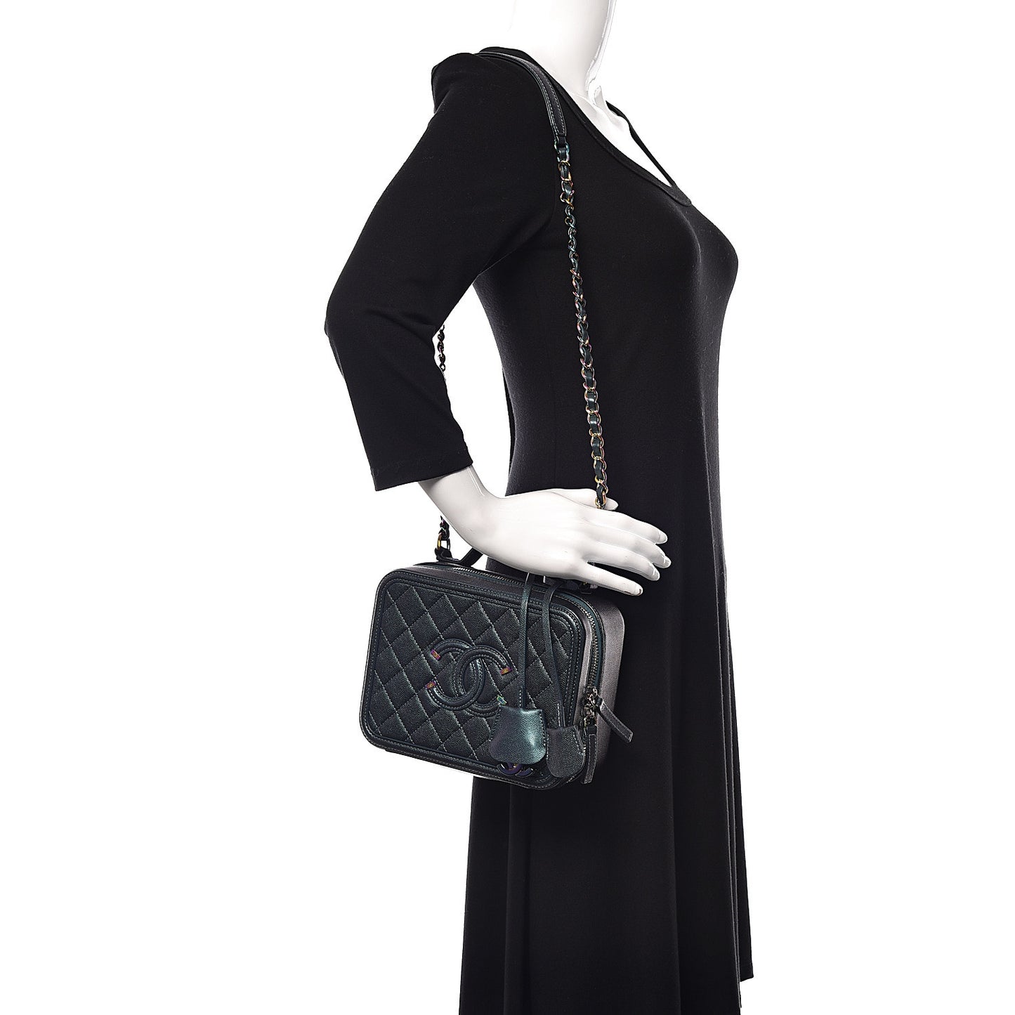 Iridescent Caviar Quilted Medium CC Filigree Vanity Case Dark Turquoise