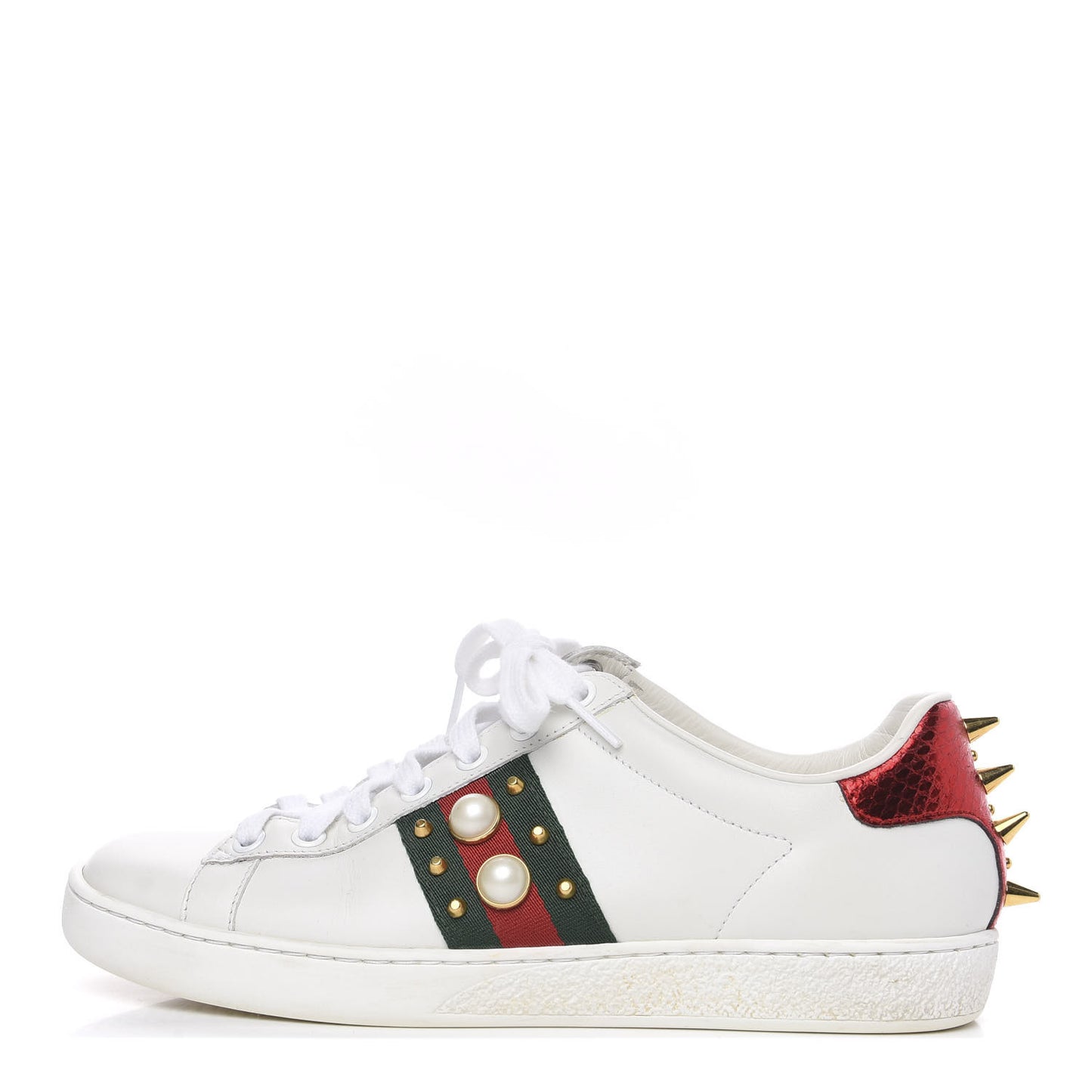 Calfskin Web Pearl Studded Womens Ace Sneakers 36.5 White