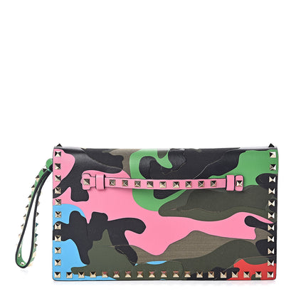 Valentino Garavani Nappa Canvas Camouflage Rockstud Wristlet Clutch Army Green Ninphea Parrot 1 of 6