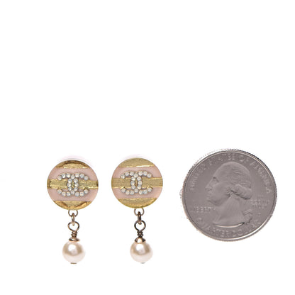 Chanel Resin Crystal Pearl Striped CC Drop Earrings Pink Gold 2 of 5