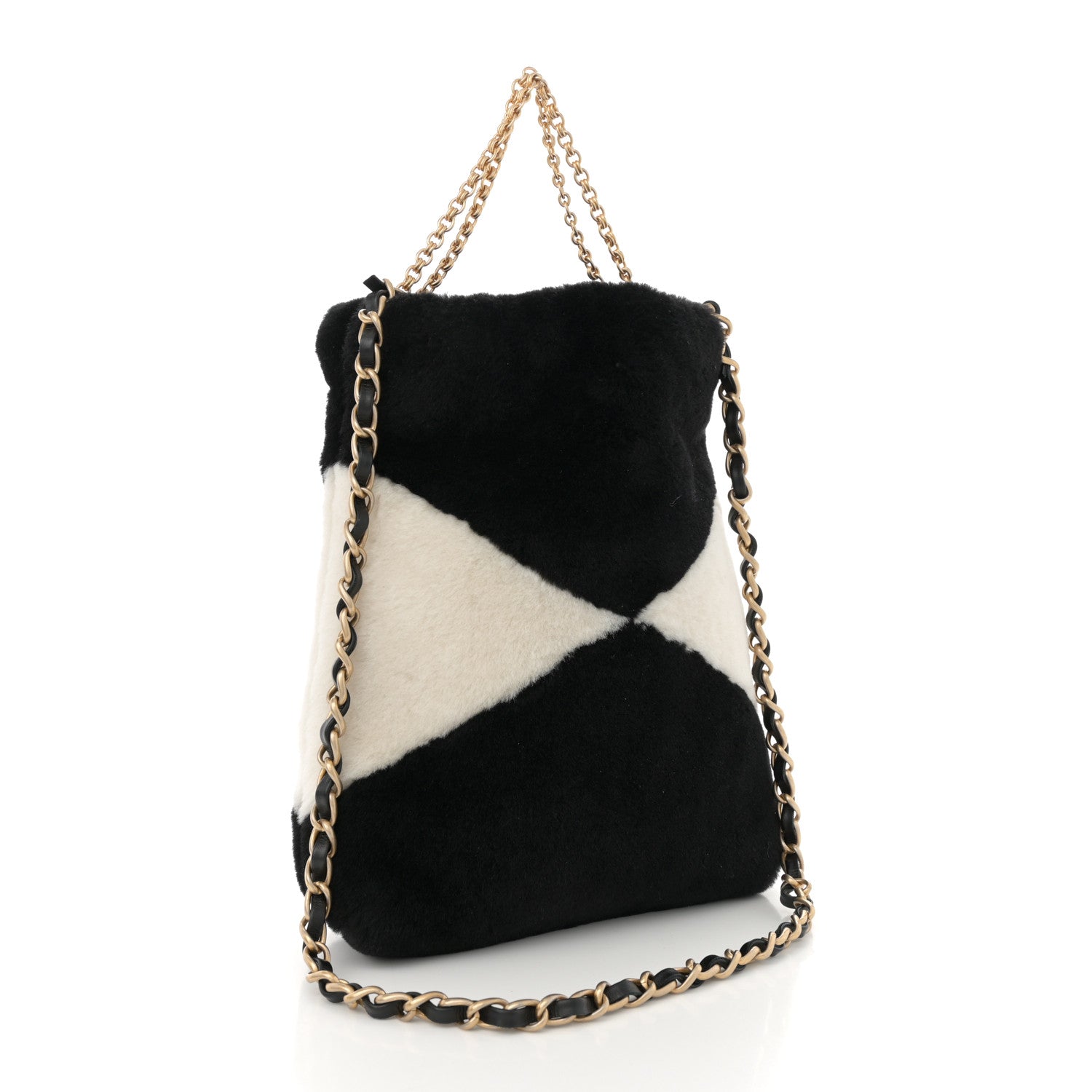Chanel Shearling Checkered Drawstring Bag White Black 2 of 10